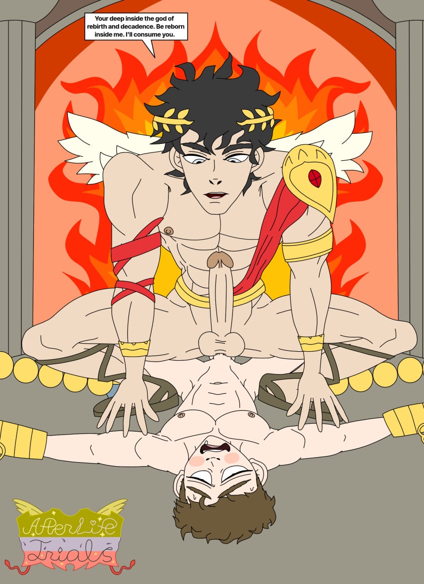 2boys altar chains cyles_cinning dominant_bottom fire gay gay_sex god greek greek_god greek_mythology hell male_only original original_artwork original_character original_characters power_bottom submissive_top text_box trapped zagreus