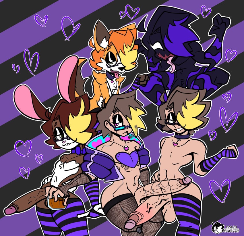 2023 5boys alternate_universe anthro armwear artist_name artist_signature brown_hair bunny choker cyborg femboy fishnet_armwear fishnet_legwear fishnets fox furry glasses green_eyes hair_over_one_eye kai_(kaijusundae) kaijusundae long_penis orange_fur original penis pink_eyes square_glasses striped_armwear striped_thighhighs thighhighs tongue tongue_out twink two_tone_hair veiny_penis venom_(cosplay) yellow_hair