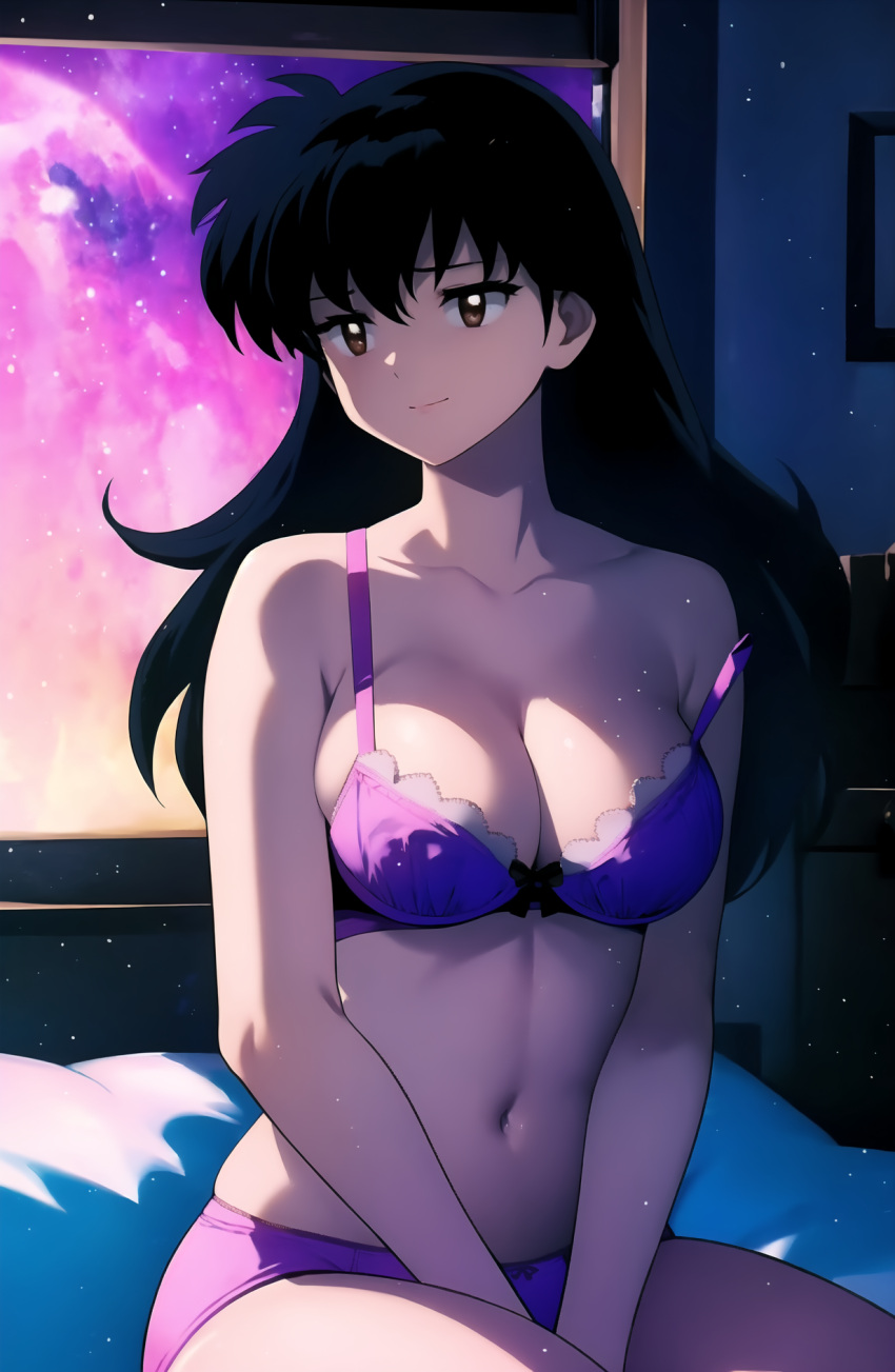 1girls ai_generated bed bedroom big_breasts black_hair brown_eyes cleavage curvy curvy_female female female_only her_brother_drives_a_subaru inuyasha kagome_higurashi long_hair night pink_underwear self_upload sitting solo stable_diffusion underwear