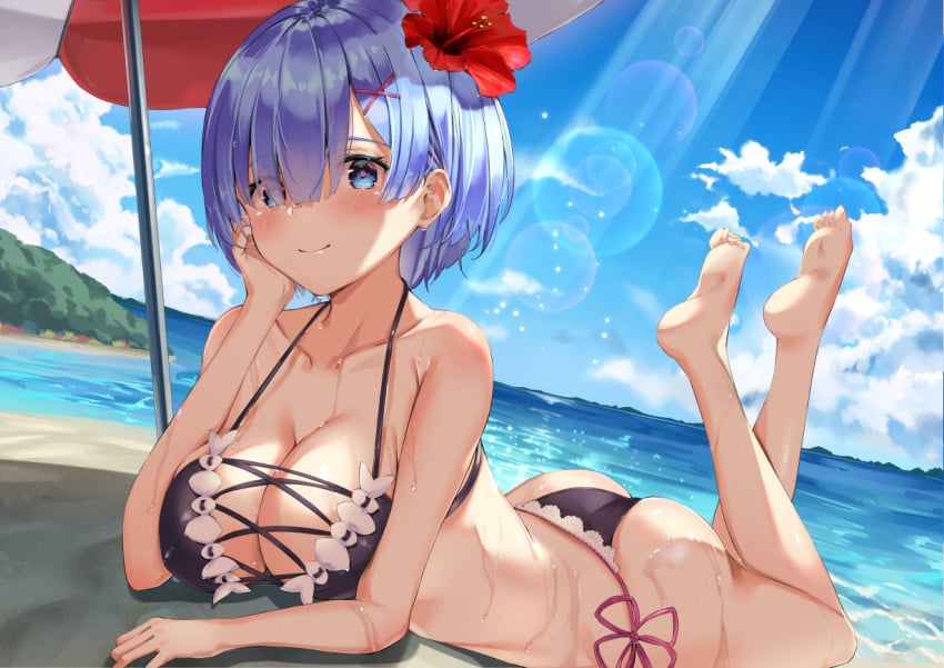 ass bare_arms bare_shoulders barefoot beach big_breasts bikini black_bikini blue_eyes blue_hair blush breasts cleavage closed_mouth collarbone feet flower_in_hair hair_ornament legs_up lying ocean on_stomach outdoors re:zero_kara_hajimeru_isekai_seikatsu rem_(re:zero) sg_(satoumogumogu) short_hair side-tie_bikini_bottom smile the_pose water wet_body