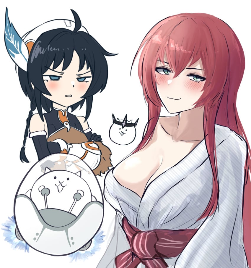 2girls blush braid breasts cat_(battle_cats) collarbone color digital_media_(artwork) feathers galaxy_gals green_eyes grey_eyes headband headmistress_jeanne huntress_terun jealous large_breasts light_skin long_hair looking_at_another looking_at_viewer mature_female nyanko_daisensou red_hair robe sed_(d4vcmk) smirk student teacher teenager the_battle_cats tiara