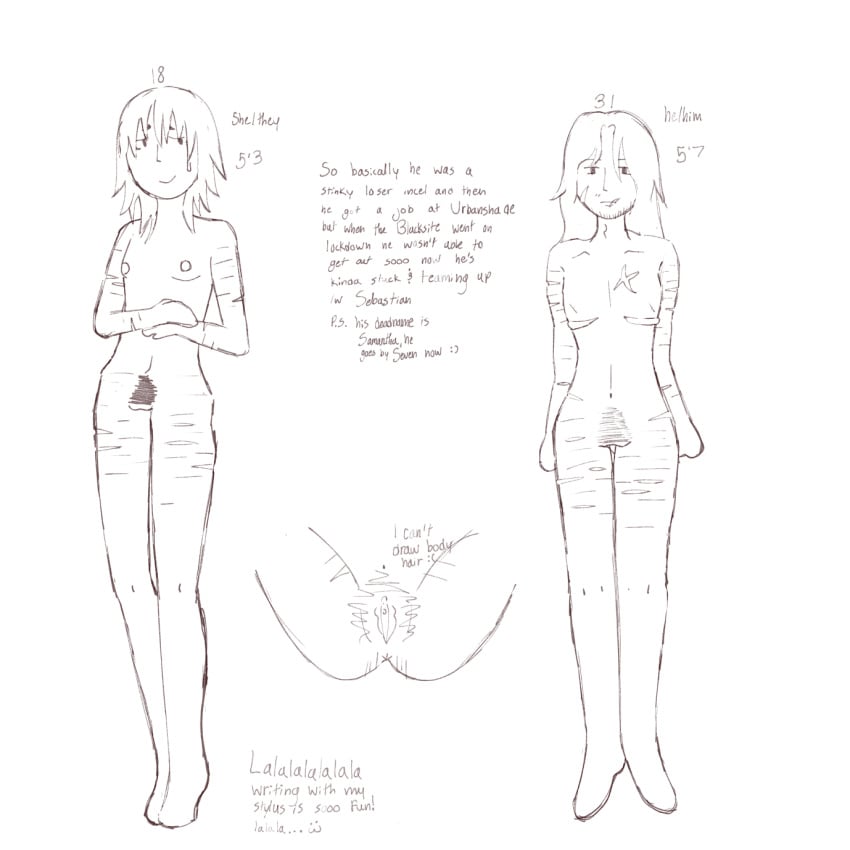 body_hair cuntboy intersex mastectomy_scar nude oc original_character pressure_(roblox) pubic_hair scars self_harm self_harm_scars sketch uncolored vagina