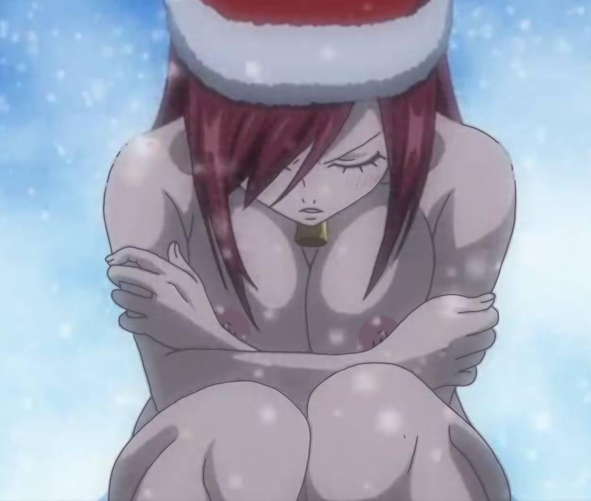 big_breasts christmas christmas_outfit closed_eyes cold covered_nipples curvy_female erza_scarlet fairy_tail long_hair naked nude red_hair shy snow stripped_naked thick_thighs