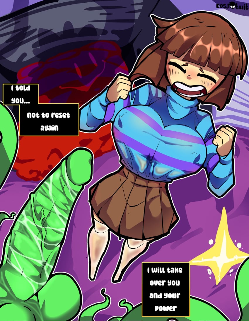 1boy 1girls big_ass big_breasts big_penis closed_eyes clothing english_text eosftwit flowey_the_flower frisk scared text undertale