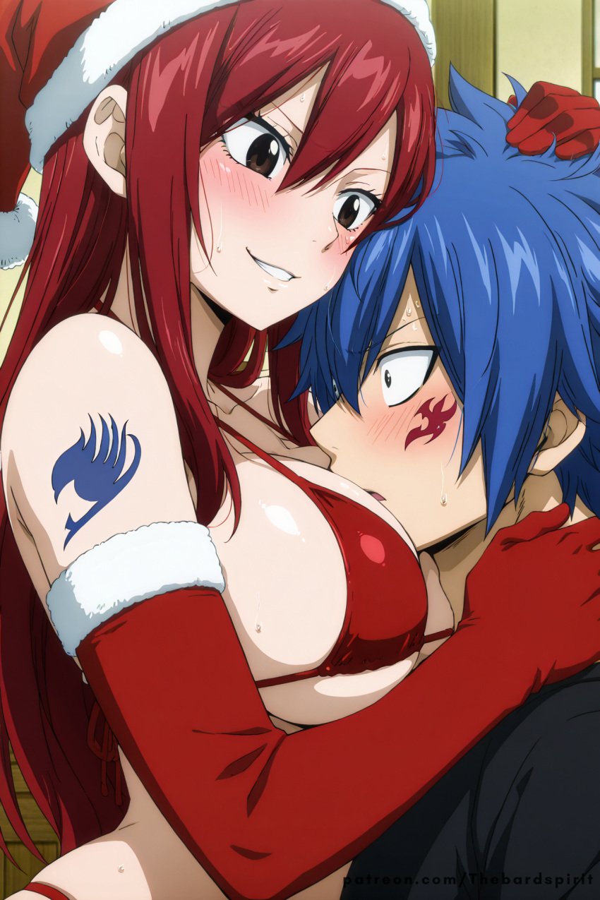 ai_generated bikini christmas erza_scarlet face_to_breasts fairy_tail head_on_breasts jellal_fernandes large_breasts santa_hat uncensored