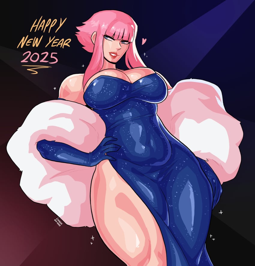 1girls 2025 blue_dress blue_eyes cleavage dress elegant elegant_dress english_text female female_only fur_coat happy_new_year hi_res loggus_doggus looking_at_viewer manon_legrand narrowed_eyes new_year pink_hair red_lipstick revealing_clothes smiling smiling_at_viewer solo solo_female standing street_fighter street_fighter_6 text thick_thighs voluptuous