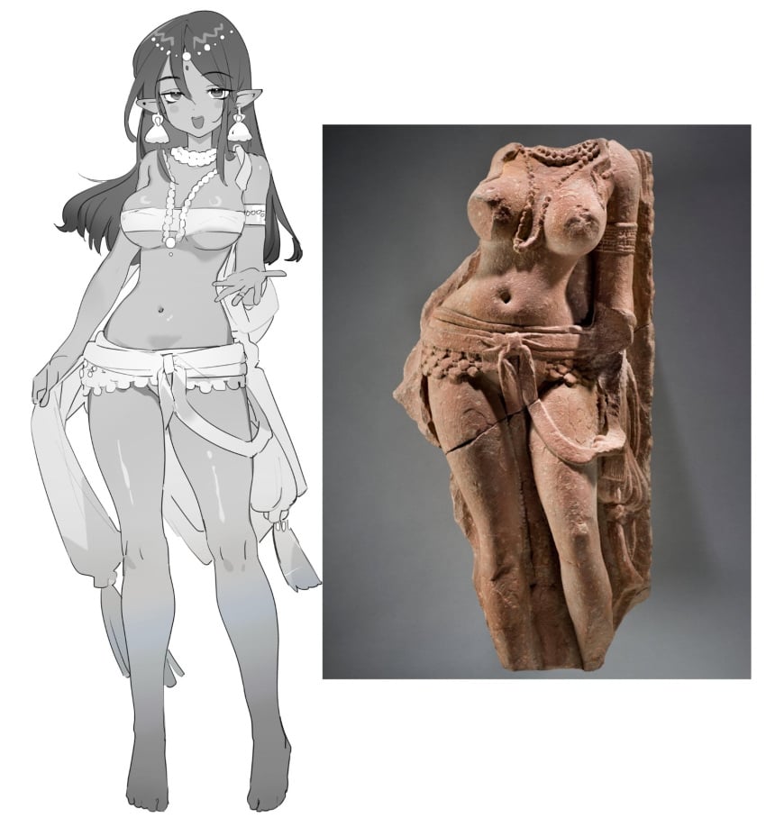 big_breasts curvaceous dark-skinned_female elf elf_ears fine_art fine_art_parody gold_jewelry harem_girl harem_outfit history hourglass_figure indian indian_female jewelry mythology nature_spirit voluptuous_female wide_hips yakshi_figure_sculpture