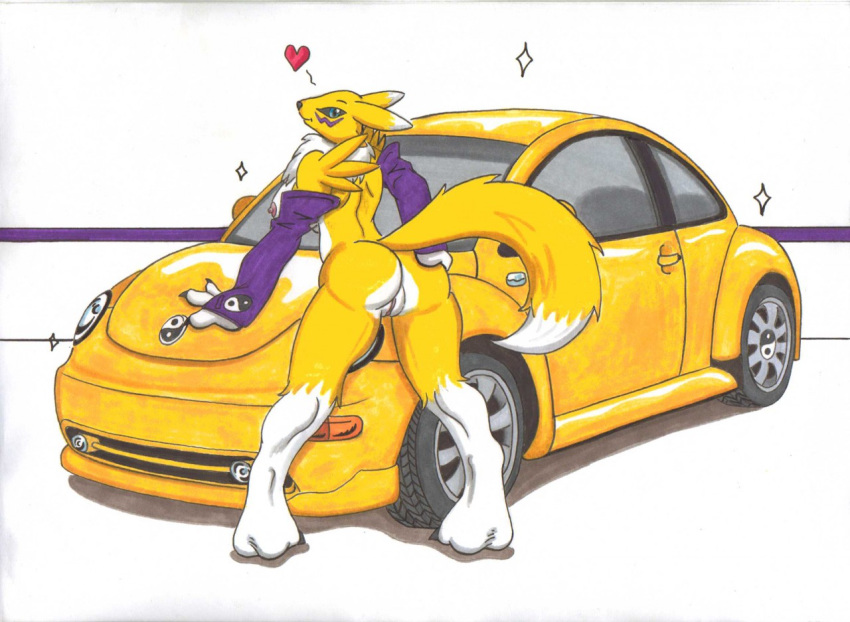 2015 anthro areola ass bandai black_nose black_sclera blue_eyes boxice breasts car chest_tuft detached_sleeves digimon female fingerless_gloves fur furry furry_only gloves heart hindpaw looking_at_viewer nipples paws presenting presenting_hindquarters pussy rear_view renamon shiny simple_background smile solo tuft yellow_fur