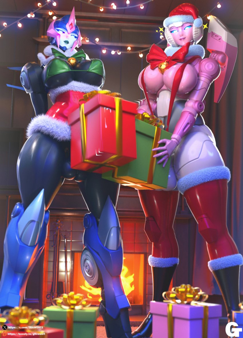 2robot_futa 3d arcee arcee_(g1) arcee_(prime) balls big_breasts blue_eyes breasts christmas christmas_outfit dick_in_a_box futanari glowing_eyes hasbro no_panties pink_body pink_skin present presenting robot_humanoid thick_thighs thighhighs thighs transformers transformers_prime trawert watermark