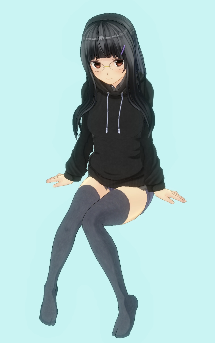 3d black_hair black_hoodie black_thighhighs blue_background brown_eyes glasses highres hood hoodie long_hair non-web_source short_shorts shorts tenkawa_hinata thighhighs