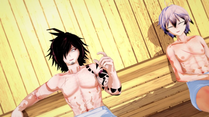 2boys alternate_version_available big_penis black_hair character_request danganronpa danganronpa_killer_killer fenrirsjaw koikatsu multicolored_eyes muscular muscular_male red_eyes scar scared scars scars_all_over short_hair straight_hair takumi_hijirihara tattoo tattoo_on_arm tattooed_arm tattoos thick_thighs towel towel_around_waist towel_wrap white_hair