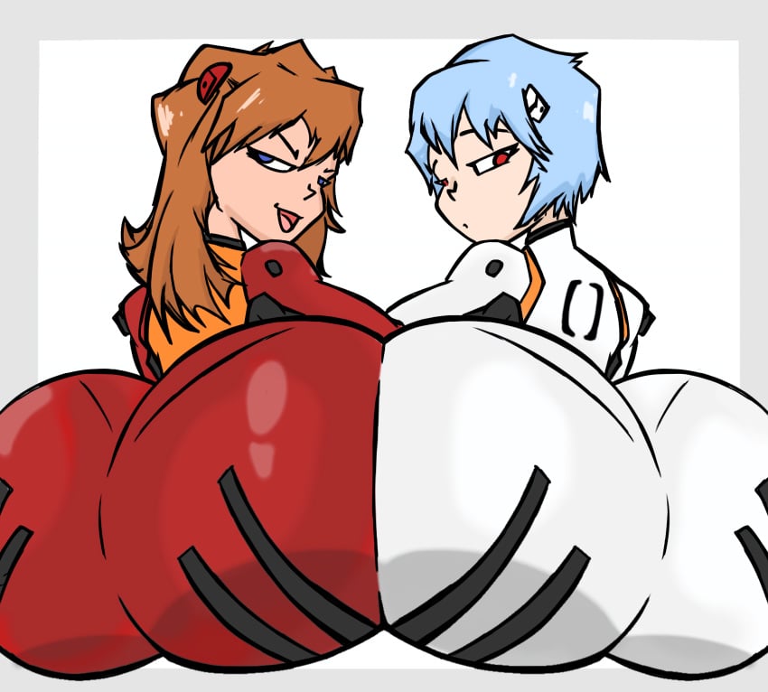 2girls ass ass_focus asuka_langley_sohryu hyper hyper_ass neon_genesis_evangelion plugsuit presenting presenting_hindquarters rei_ayanami