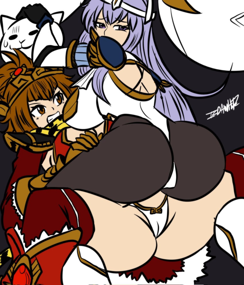 2girls ass big_ass bikini blue_hair blush breasts brown_eyes brown_hair cameltoe cat_(battle_cats) circlet clothed color crown digital_media_(artwork) feline galaxy_gals grin grinding hanging_breasts headmistress_jeanne human izdawhiz large_breasts light_skin long_hair looking_at_partner looking_back mature_female missionary_position nyanko_daisensou on_back on_top panties ponytail purple_eyes skirt student teacher teenager the_battle_cats thick_thighs thighhighs thighs tight_clothing tights unwilling_participant yuri yuri