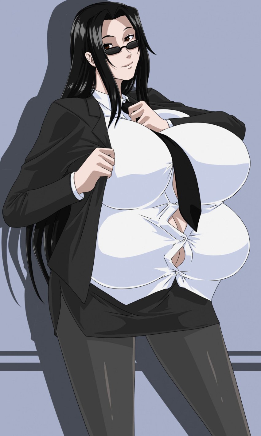 4_breasts black_hair black_necktie breasts breasts_bigger_than_head brown_eyes button_down_shirt curvy curvy_female digital_media_(artwork) female female_focus female_human hourglass_figure huge_breasts human human_only hyper hyper_breasts kuroko_smith looking_at_viewer monster_musume_no_iru_nichijou necktie pale pale_skin pale_skinned_female quad_breasts sunglasses tagme thick_thighs tie zdemian