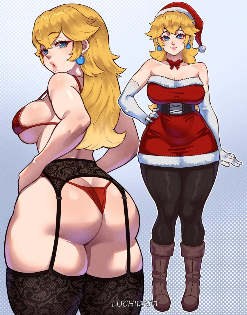 1girls ass ass ass_focus back back_view bare_arms bare_legs bare_shoulders bare_thighs big_ass big_breasts big_butt blonde_hair blue_eyes bra christmas christmas_hat christmas_outfit clothed clothing color female female_focus female_only hi_res large_breasts light-skinned_female light_skin lingerie long_hair looking_at_viewer luchidart mario_(series) nintendo panties princess princess_peach solo solo_female tagme thick_thighs underwear