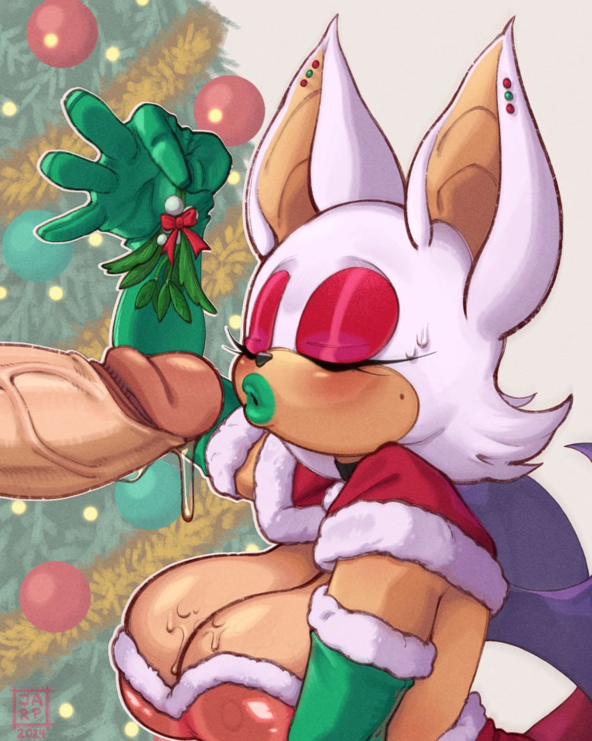 absurd_res anthro bat big_breasts blush bodily_fluids breasts christmas christmas_tree cleavage closed_eyes clothed clothing eyelashes female fingers genital_fluids genitals gloves hair handwear hi_res holding_object holidays jarp-art kissy_face male male/female mammal mistletoe penis plant precum rouge_the_bat sega sonic_(series) sonic_the_hedgehog_(series) three-quarter_view tree