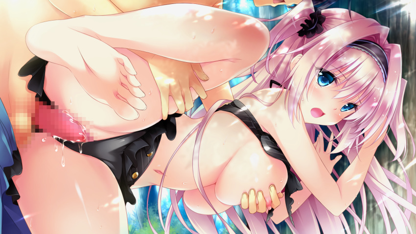 amaya_rei areolae barefoot bent_over bikini blue_eyes blush breast_grab breasts censored condom feet female game_cg golden_marriage hayakawa_harui highres large_breasts leg_up legs long_hair looking_at_viewer mosaic_censoring navel nipples open_mouth penis pink_hair pussy sex soles solo_focus sunlight sweat thighs toes vaginal_penetration