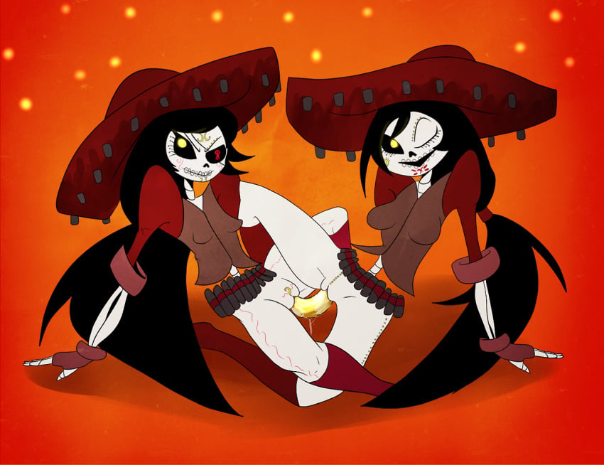 2girls adelita_sanchez black_sclera boots dia_de_los_muertos dildo double_dildo eye_patch female female_only fingerless_gloves gloves incest long_boots long_hair multiple_girls npcxxx one_eye_closed red_background red_theme scardelita_sanchez scissoring siblings sisters skeleton skull sombrero the_book_of_life vaginal_insertion very_long_hair yellow_eyes yuri