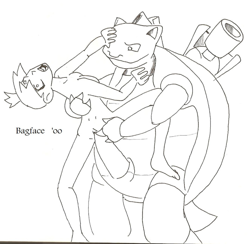 1boy 1girls 2000 bagface black_and_white blastoise female human kasumi_(pokemon) male monochrome nintendo penis pokemon pokemon_(species) pokephilia sex small_breasts tagme