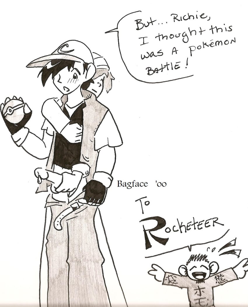 2000 ash_ketchum bagface clothes front_view gay hiroshi_(pokemon) human male male_only malesub monochrome multiple_males penis pokemon ritchie_(pokemon) satoshi_(pokemon) yaoi