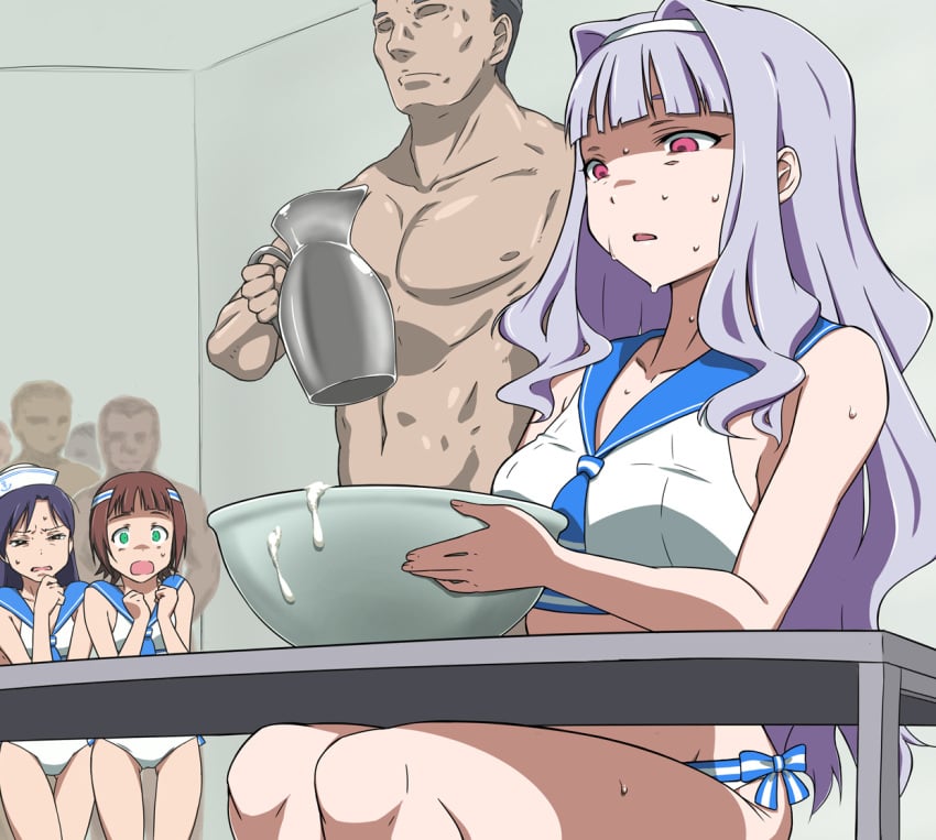 3girls 4boys amami_haruka blue_hair brown_eyes brown_hair cum_in_container cum_in_cup disgusted green_eyes hairband idolmaster kisaragi_chihaya long_hair midriff multiple_girls open_mouth pink_eyes pitcher puge purple_hair sailor_swimsuit_(idolmaster) shijou_takane short_hair silver_hair sweat thigh_gap wide_eyed