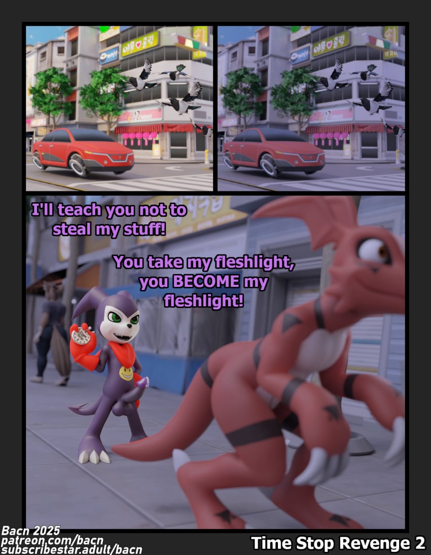 2025 3d anthro avian bacn balls bandai_namco bird bodily_fluids car claws clothed clothing comic detailed_background dialogue digimon digimon_(species) digital_media_(artwork) dripping english_text erection genital_fluids genitals group guilmon guilmon_(bacn) hi_res humanoid_genitalia humanoid_penis imminent_rape imminent_sex imp impmon impmon_(bacn) male male/male mammal nude open_mouth outside penis precum precum_drip public public_nudity red_body scalie size_difference smile tail text time_stop trio url vehicle
