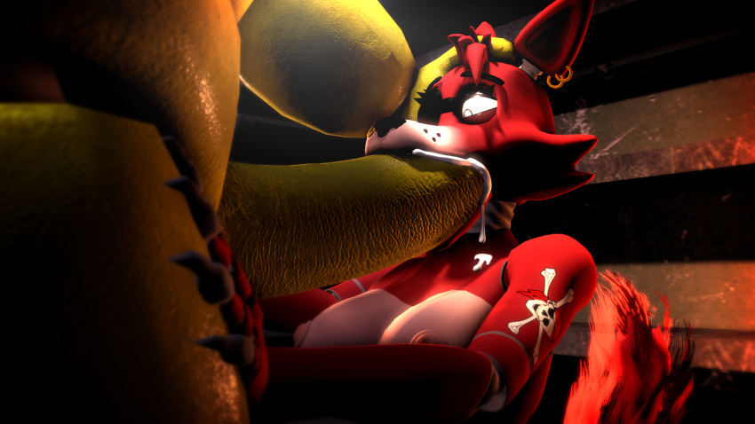 3d anthro areola big_breasts big_penis breasts chica_(fnaf) cum cum_in_mouth cum_inside ear_piercing fellatio female five_nights_at_freddy's foxy_(disembowell) foxy_(fnaf) furry furry_only machine mammal mechanical nipples nude oral penis piercing robot sex source_filmmaker tattoo uwotinfokm8