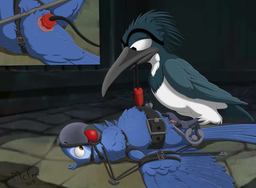 2015 animal_genitalia anus avian ball_gag beak belt bird black_eyes blu_(rio) blue_feathers blue_macaw blue_sky_studios bondage bound brown_eyes character_request cloaca close-up cutout detailed_background feral forced gag gagged gay insertion macaw male male_only mcfan parrot penetration plover pluvian rio_(film) rio_(series) sex_toy spread_cloaca spread_wings spreading_bars toying_partner vibrator wings yaoi