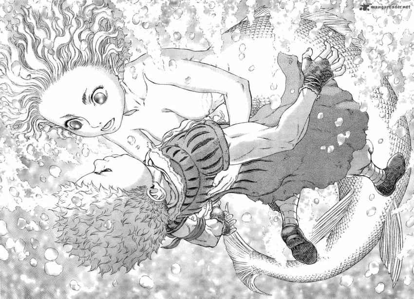 1boy 1girls berserk breasts duo female greyscale hair human humanoid isidro_(berserk) isma male manga mermaid miura_kentarou monochrome monster_girl nipples nude short_hair underwater