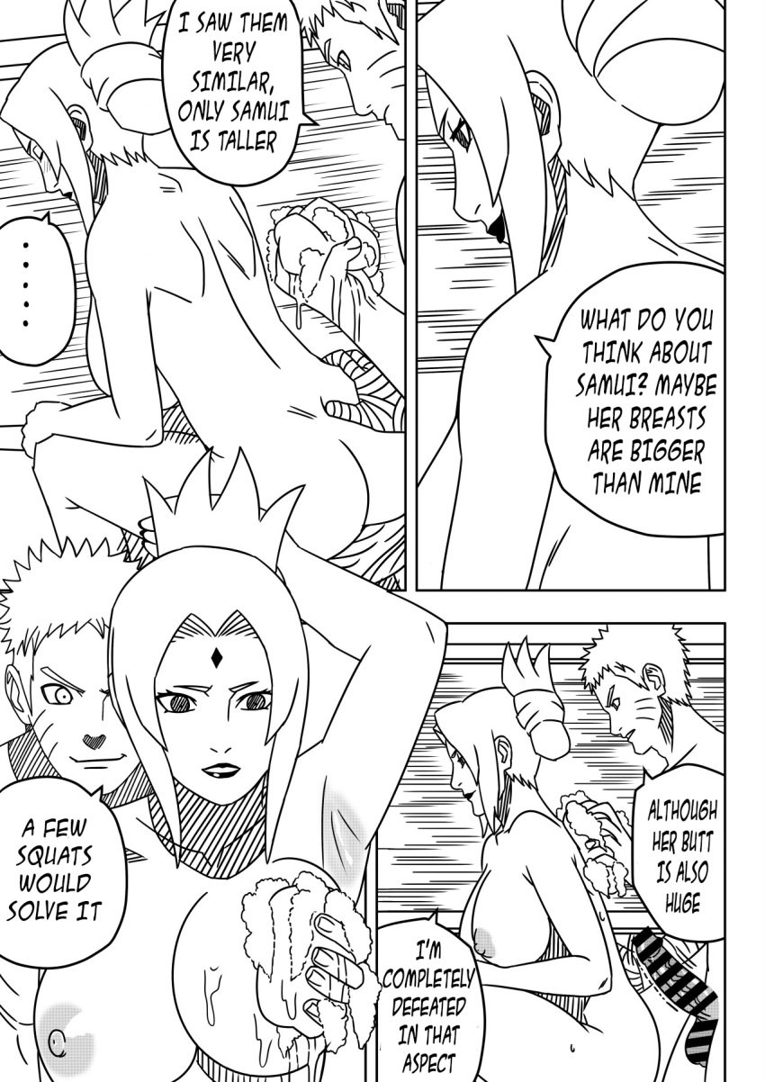 1boy 1girls adult_and_teenager age_difference bathhouse big_breasts breast_grab breasts busty cleavage comic commentary dialogue english_text female foam groping groping_breasts huge_breasts indoors male mature_female milf mixed_bathing monochrome naruto naruto:_the_last naruto_(series) naruto_shippuden ninrubio older_female_and_younger_male partially_submerged shared_bathing sponge story text towel towel_only translated tsunade uzumaki_naruto voluptuous washing_back