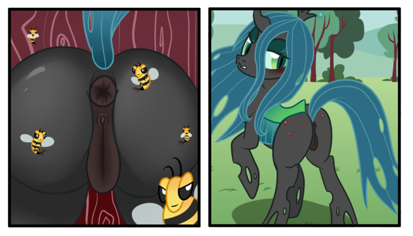 2015 anus arthropod ass bee bee_sting changeling equine female female_only feral flowerofthesea friendship_is_magic green_eyes hair horn horse insects long_hair mammal my_little_pony presenting_ass pussy queen_chrysalis_(mlp) solo wings