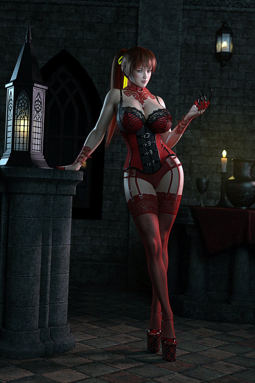 3d 3d_(artwork) 3d_model asian asian_female big_breasts breasts bridal_gauntlets candle claws cleavage collar corset dead_or_alive female fit fit_female garter_belt garter_straps ginger ginger_hair high_heels highres hourglass_figure kasumi_(doa) lace lace-trimmed_bra lace-trimmed_thighhighs lace_collar lace_trim leaning lingerie lingerie_only looking_at_viewer loveluv69 night nighttime platform_heels ponytail posing posing_for_the_viewer red_hair ribbon seductive sleeves stockings thighhighs