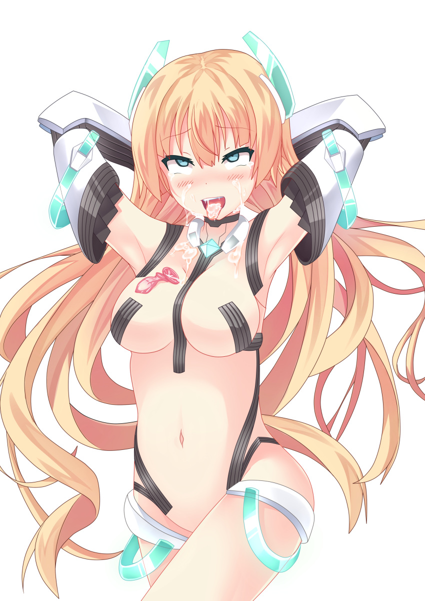 absurdres ahe_gao angela_balzac armpits arms_behind_head blonde_hair blue_eyes blush breasts chrisandita condom cowboy_shot cum cum_in_mouth cum_on_body cum_on_breasts cum_on_upper_body expelled_from_paradise female hair_ornament headgear highres large_breasts long_hair low_twintails navel simple_background solo tied_hair transparent_background tsurime twintails very_long_hair