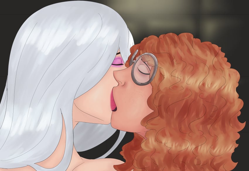 2girls closed_eyes dbd dead_by_daylight female fre freckles freckles_on_face ginger ginger_hair glasses kissing lesbian_kiss lipstick mikaela_reid naked naked_female round_glasses sable_ward thecomedyjester white_hair yuri