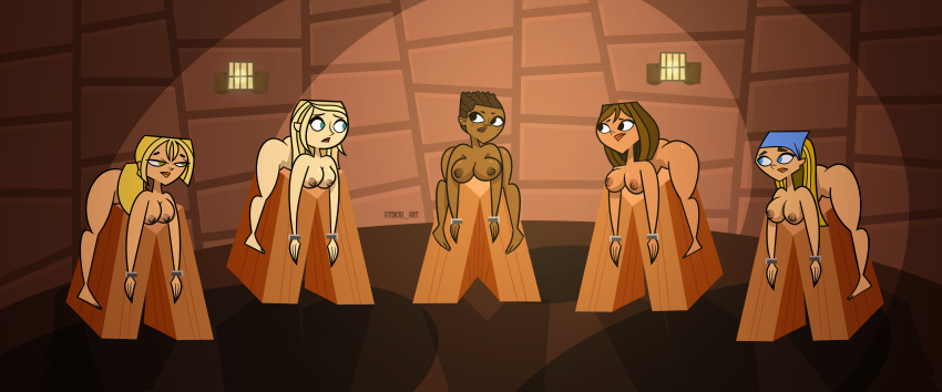 5girls alternate_version_available blonde_hair blue_eyes bondage bridgette_(tdi) brown_hair cartoon_network completely_naked completely_naked_female completely_nude completely_nude_female courtney_(tdi) cuff_(restraint) cuffed cuffs dungeon lindsay_(tdi) melanin multiple_girls multiple_subs samey_(tdi) sanders_(tdi) sex_slave slave tdkai_art teletoon the_ridonculous_race total_drama:_pahkitew_island total_drama_island warner_brothers worried