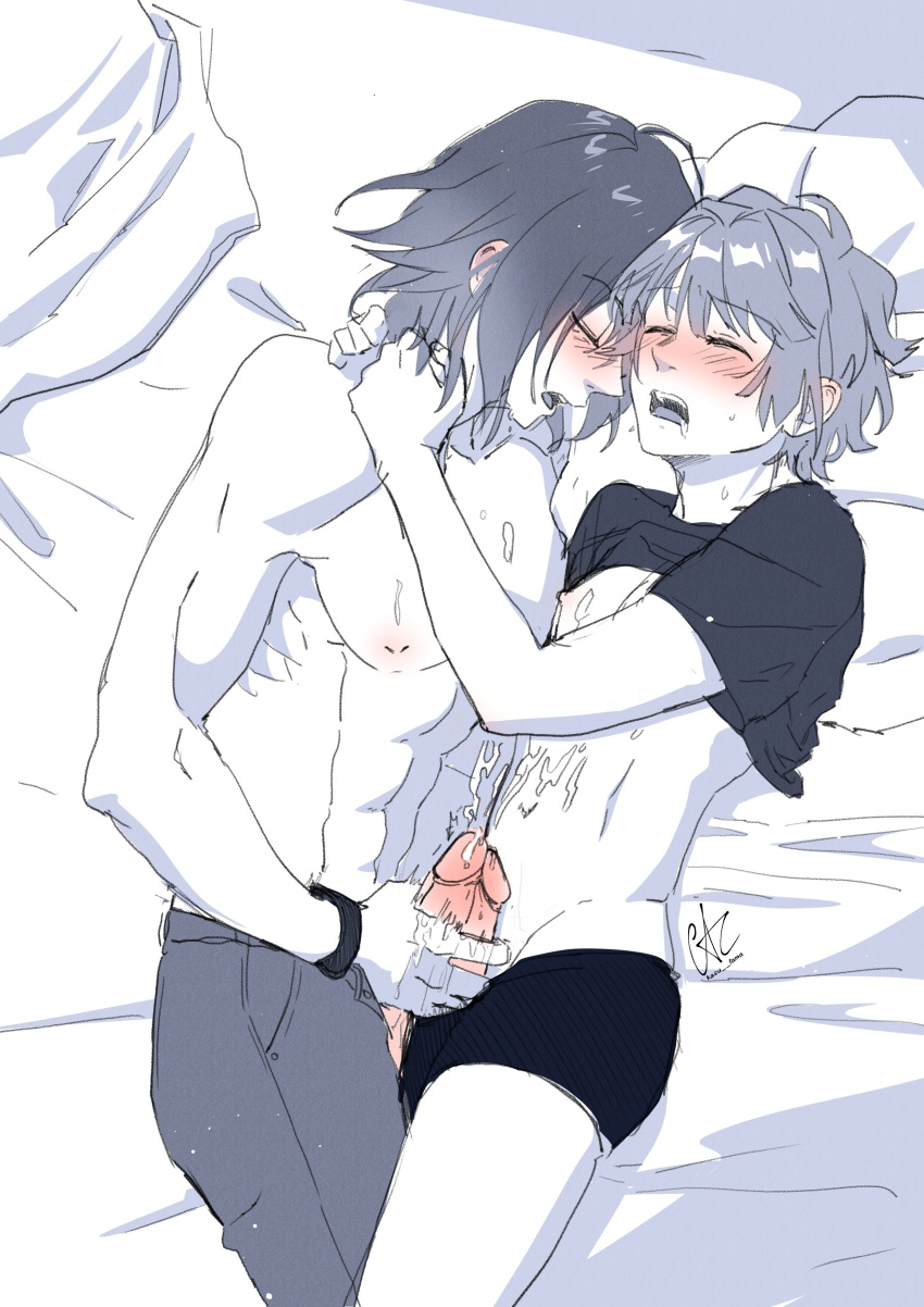 2boys abs absurdres blush closed_eyes clothes_lift commentary cum ejaculation forte_(love_melodies) frottage hazuki_(love_melodies) highres kasutama limited_palette love_melodies lying male male_focus mouth_hold multiple_boys on_side open_mouth penis penis_out penises_touching pillow saliva shirt_lift signature topless_male torogao watch wristwatch yaoi