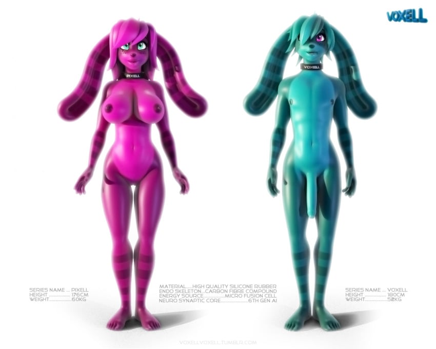 3d android big_breasts blue_eyes blue_hair blue_skin breasts cabbit collar duo erection eyelashes facial_piercing feline female freckles hair hybrid lagomorph lip_piercing lips long_ears male mammal navel nipples nude penis piercing pink_eyes pink_hair pink_skin pixell pussy rabbit rubber standing text toes voxell voxell_voxell wide_hips