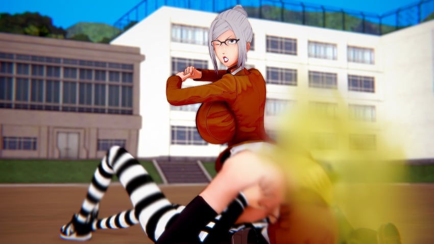 1boy 1girls ass_grab ass_on_face big_ass big_butt brown_eyes facesitting fart fart_cloud fart_fetish farting farting_in_face fartkami glasses one_eye_closed prison_school rear_view shiraki_meiko white_hair