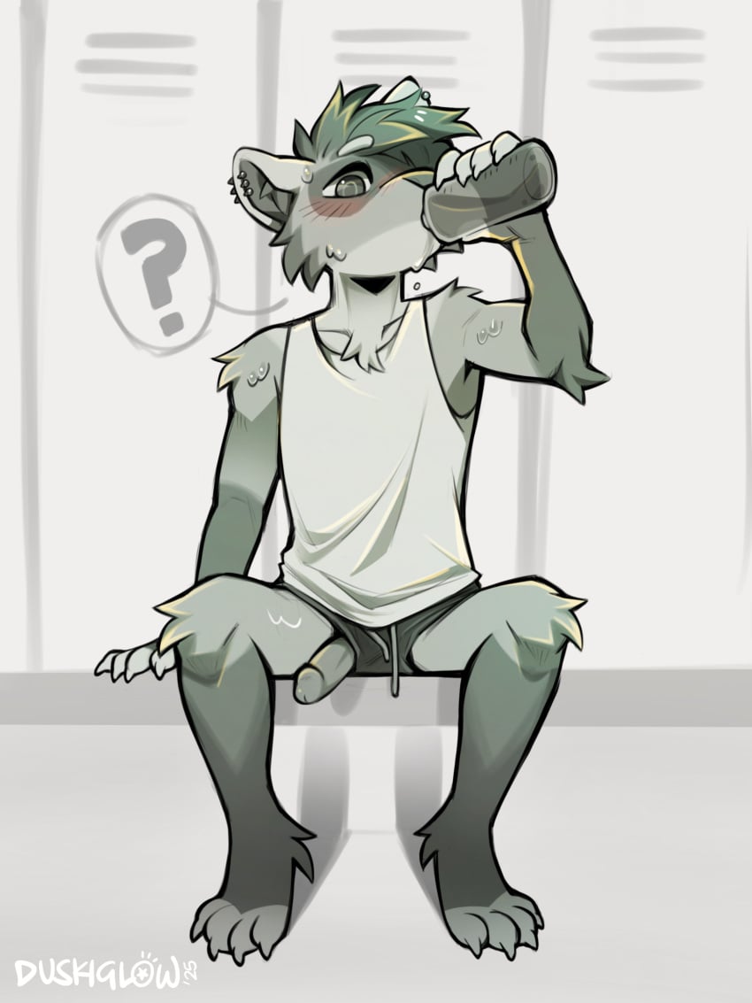 3:4 anthro athletic athletic_wear bodily_fluids bottle bottomwear clothing container domestic_ferret drinking duskihorns ear_piercing erection front_view genitals glans gym_bottomwear gym_shorts hi_res humanoid_genitalia humanoid_penis locker_room male mammal mustelid musteline penis penis_poking_out penis_through_leghole piercing shirt shorts solo sweat sweatdrop tank_top topwear true_musteline water_bottle weasel
