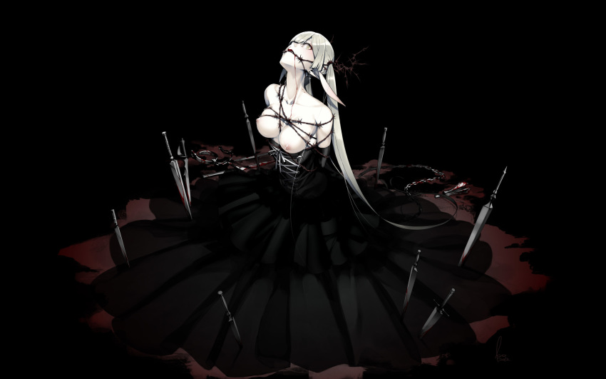 1girls black_dress blood bondage breasts elf female female_only gothic kyo_(kuroichigo) large_breasts long_ears long_hair nipples pale_skin pointy_ears solo sword tied_up weapon yellow_eyes yellow_hair