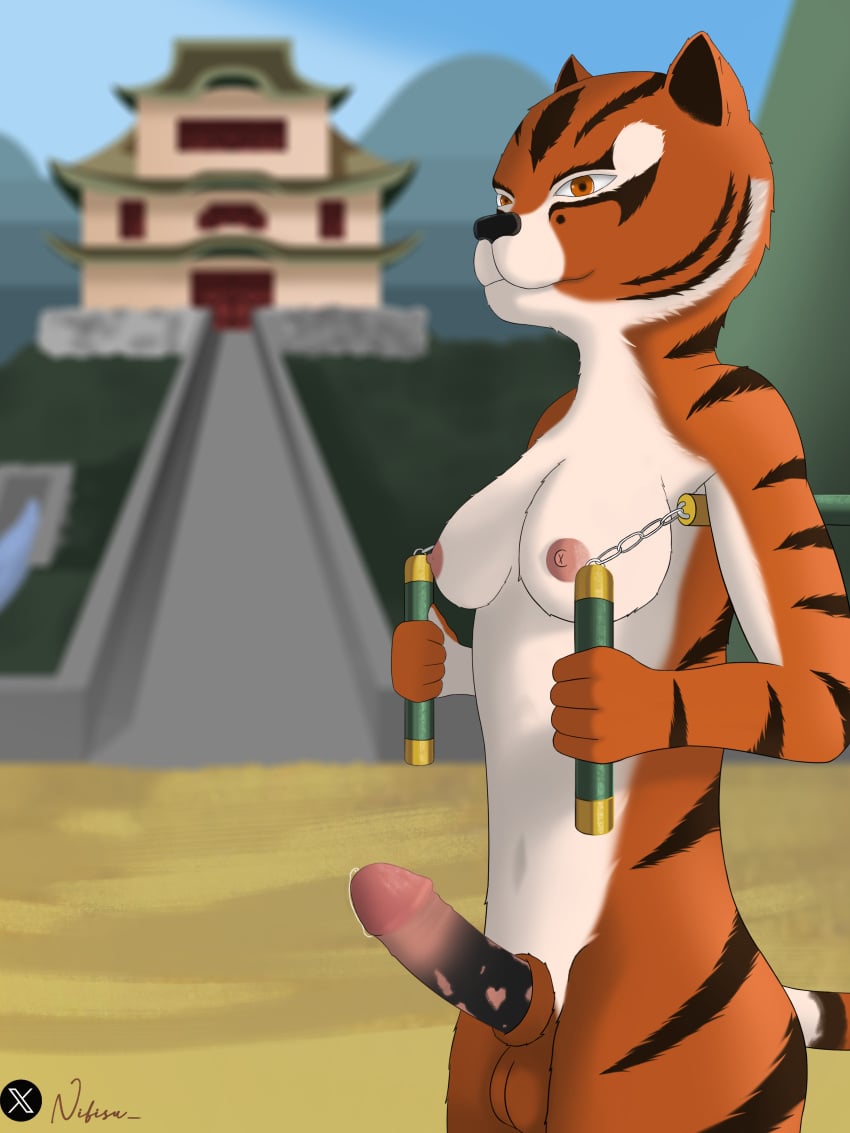 absurd_res anthro ass balls big_breasts big_penis bodily_fluids breasts dreamworks erection felid fur futanari genital_fluids genitals gynomorph hair hi_res intersex kung_fu_panda looking_at_viewer mammal master_tigress melee_weapon multicolored_penis nibisu nipples nude nunchaku orange_body orange_fur pantherine penis smile solo striped_body stripes tail tiger two_tone_penis weapon white_body white_fur