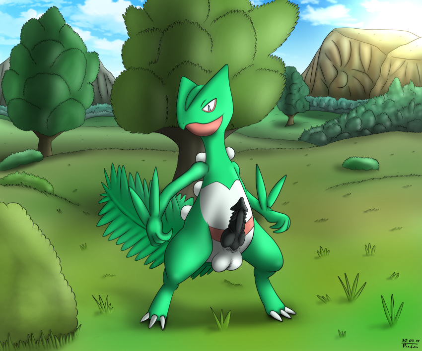 1boy akiru01 grass imposing knot male male_only mountain nintendo nude outdoors penis plains pokemon pokemon_(species) pokemon_rse sceptile sheath solo standing stare testicles tree video_games wizzy