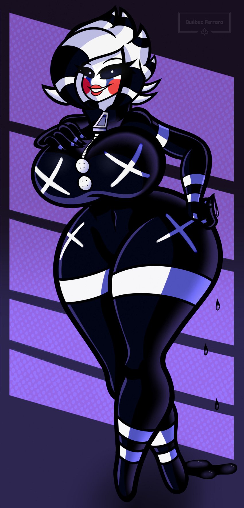 1girls artist_logo artist_name artist_signature breasts cryptiacurves fazclaire's_nightclub female female_only five_nights_at_freddy's fnaf fredina's_nightclub furaffinity ink marie_(cally3d) marie_(cryptia) marionette_(fnaf) puppet_(fnaf) signature simple_background smiling_at_viewer smug solo thick_thighs thighs watermark white_pupils white_skin