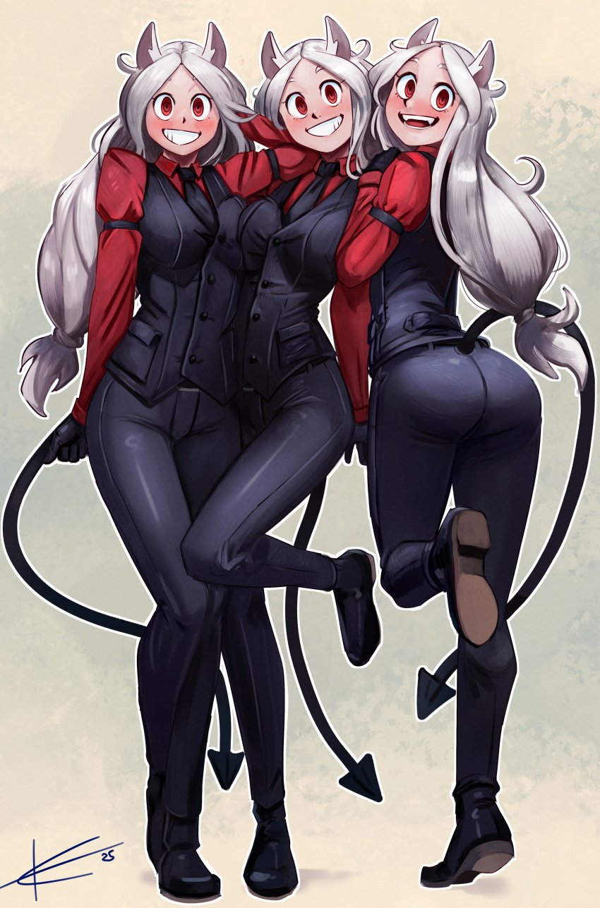 3girls cerberus_(helltaker) demon demon_girl demon_tail eltonel fully_clothed helltaker red_eyes tagme white_hair