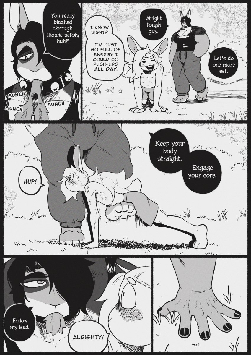 absurd_res anthro breasts bulge celery collar comic dialogue duo eating english_text exercise food futanari grass gynomorph hair hi_res intersex lagomorph leporid long_hair male mammal monochrome muscular muscular_intersex peculiart plant rabbit ruth_(peculiart) stig_(peculiart) text tree vegetable workout