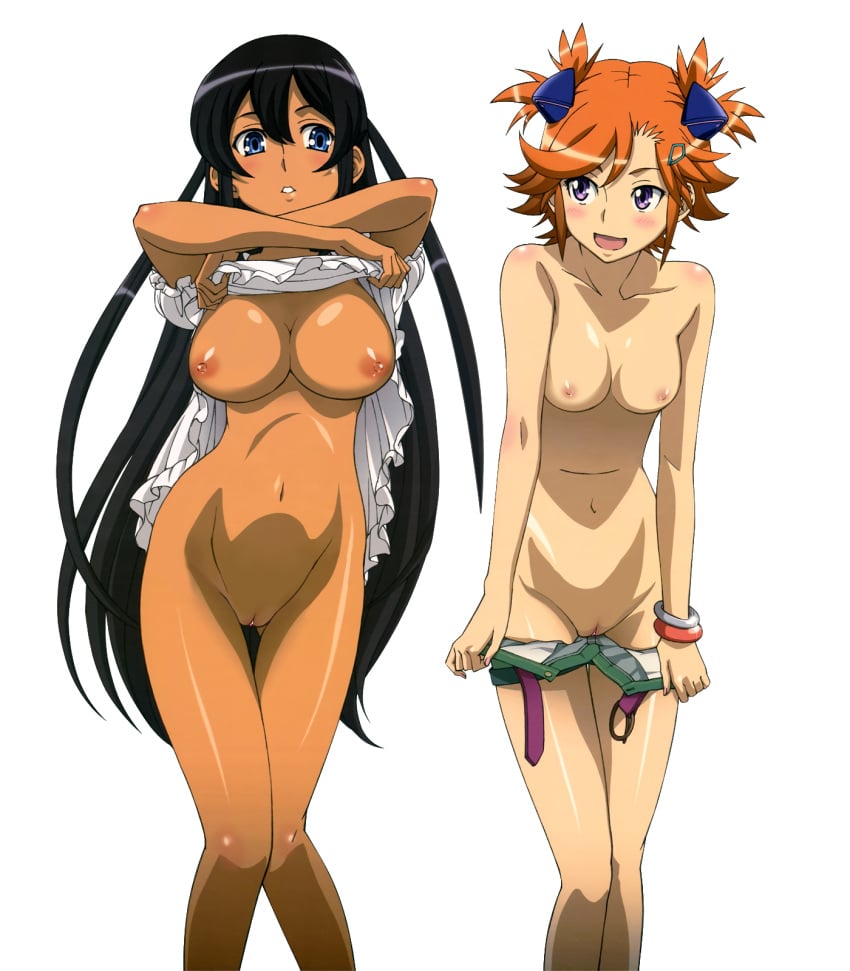 2girls breasts captain_earth clothing dress dress_lift long_hair multiple_girls mutou_hana nipples nude_filter nyantype official_art photoshop pussy short_hair shorts small_breasts uncensored undressing yomatsuri_akari