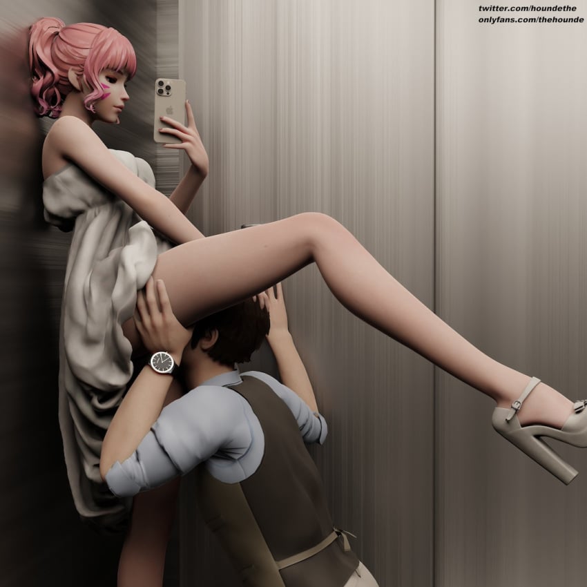 1boy 1boy1girl 1girls 3d 3d_(artwork) 3d_model 3d_render anonymous_male asian asian_female cunnilingus d.va dress eating_pussy elevator face_markings female formal formal_wear grabbing_head hana_song high_heels holding_hair holding_head kneeling korean_female male onlyfans overwatch overwatch_2 pink_hair prom_dress selfie selfie_pose thehounde twitter_link twitter_username under_skirt watching white_dress white_highlights