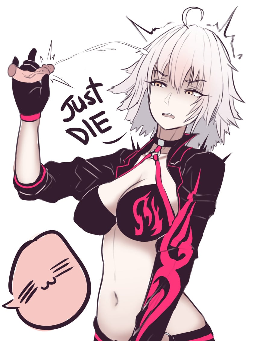 1boy 1girls angry belly_button big_breasts black_glove breasts clothed_female_nude_male cum death_threat ejaculation esgarot_iv fate/grand_order fate_(series) female glove gloved_handjob huge_breasts jeanne_alter jeanne_d'arc_(fate)_(all) jeanne_d'arc_alter_(fate) large_breasts light-skinned_female light-skinned_male light_skin looking_at_penis male penis pleased small_penis small_penis_adoration three-finger_handjob white_hair yellow_eyes