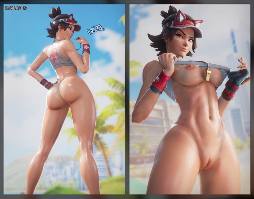 1girls 3d 3d_(artwork) absurd_res ass back_view beach blender blender_(software) blizzard_entertainment blurry_background breasts breasts_out collage female female_focus female_only flashing flashing_breasts hasfeldt hi_res highres kiriko_(overwatch) lifeguard_kiriko overwatch overwatch_2 pussy watermark