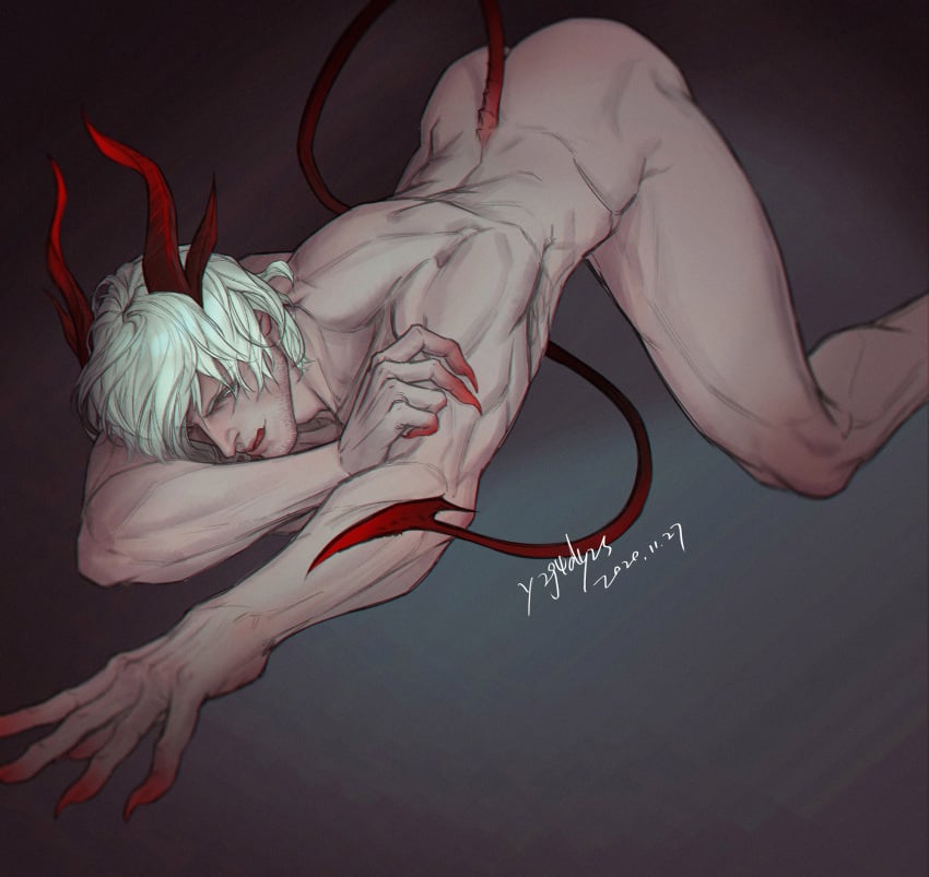 bara blue_eyes dante dante_(devil_may_cry) demon_boy demon_horns demon_tail devil_horns devil_may_cry devil_may_cry_4 facial_hair handsome handsome_man muscular muscular_male nude_male realistic toned_male tongue_out white_hair